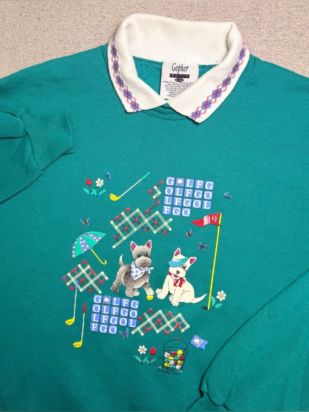 Vintage 90s Gopher Sport Collared Sweatshirt Adult XL Grandma Core Golf Print
